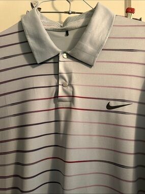 Nike Men’s Light Gray Polo with Purple and Red Stripes